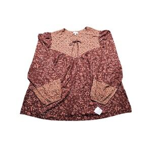 NWOT Kit + Sky Womens XL Burgundy Floral Mixed Print Long Sleeve Tie Neck Blouse